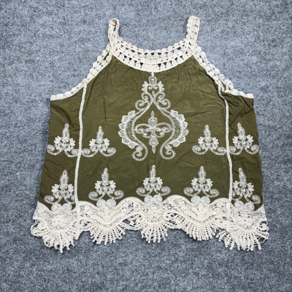 Ultra Pink Olive Green Embroidered Lace‎ Trim Tank Top Women's L Blouse